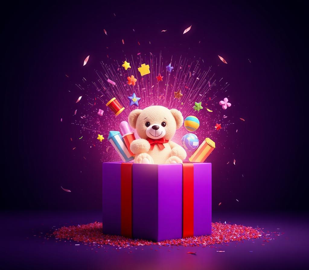 Gift box bursting open with a teddy bear and colourful toys