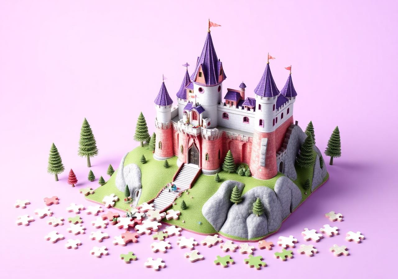 Castle jigsaw puzzle coming together, pieces floating around